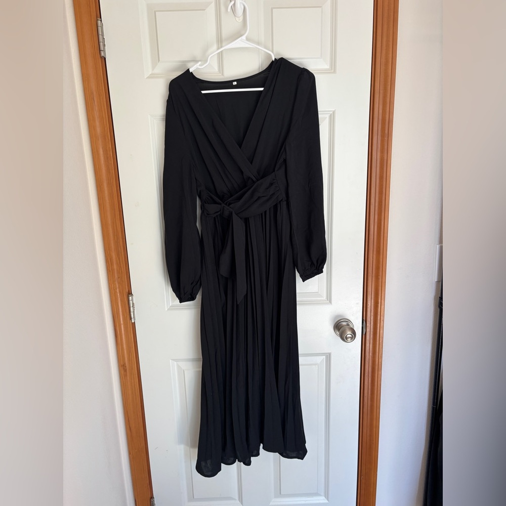 Black, long sleeve pleated V-neck wrap look belted dress